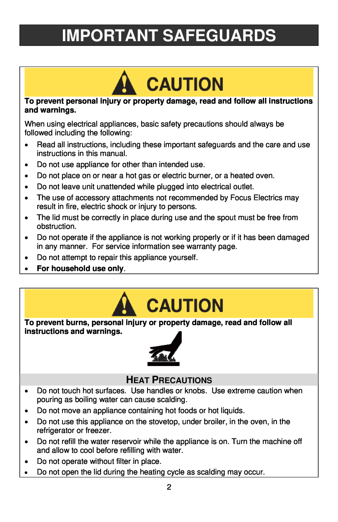 West Bend Kettle instruction manual Important Safeguards, Heat Precautions, For household use only 