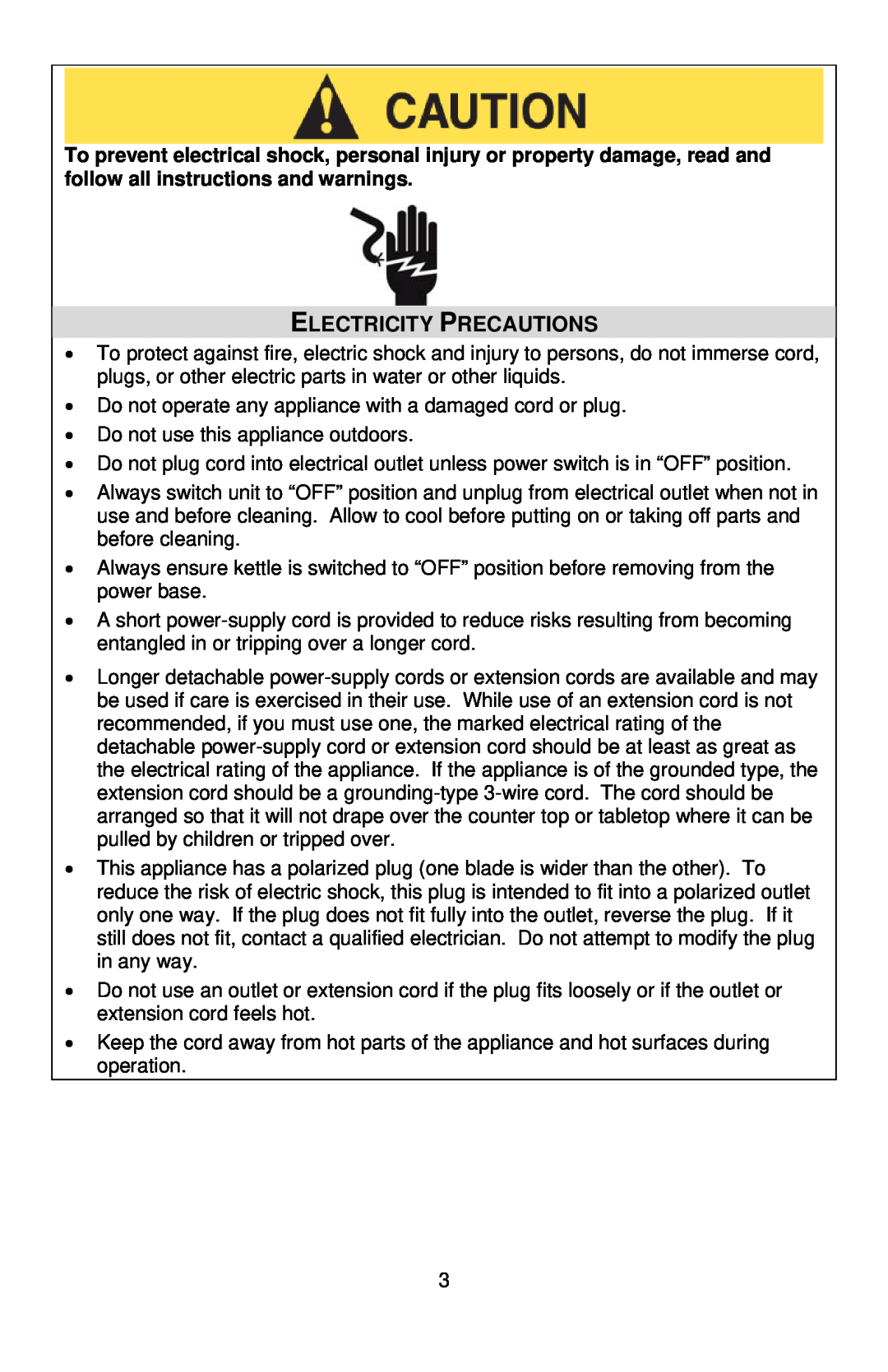 West Bend Kettle instruction manual Electricity Precautions 
