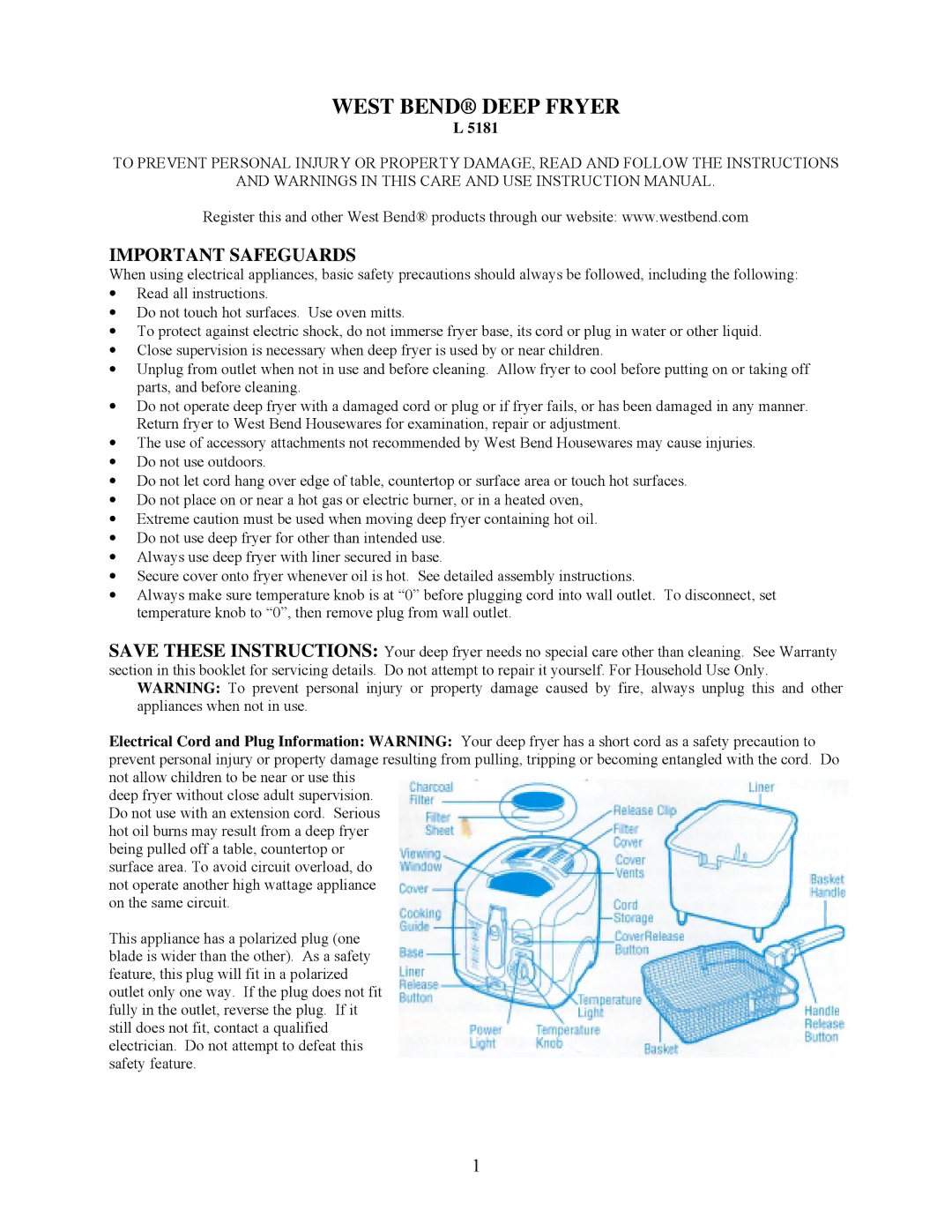 West Bend L 5181 instruction manual West Bend Deep Fryer, Important Safeguards 