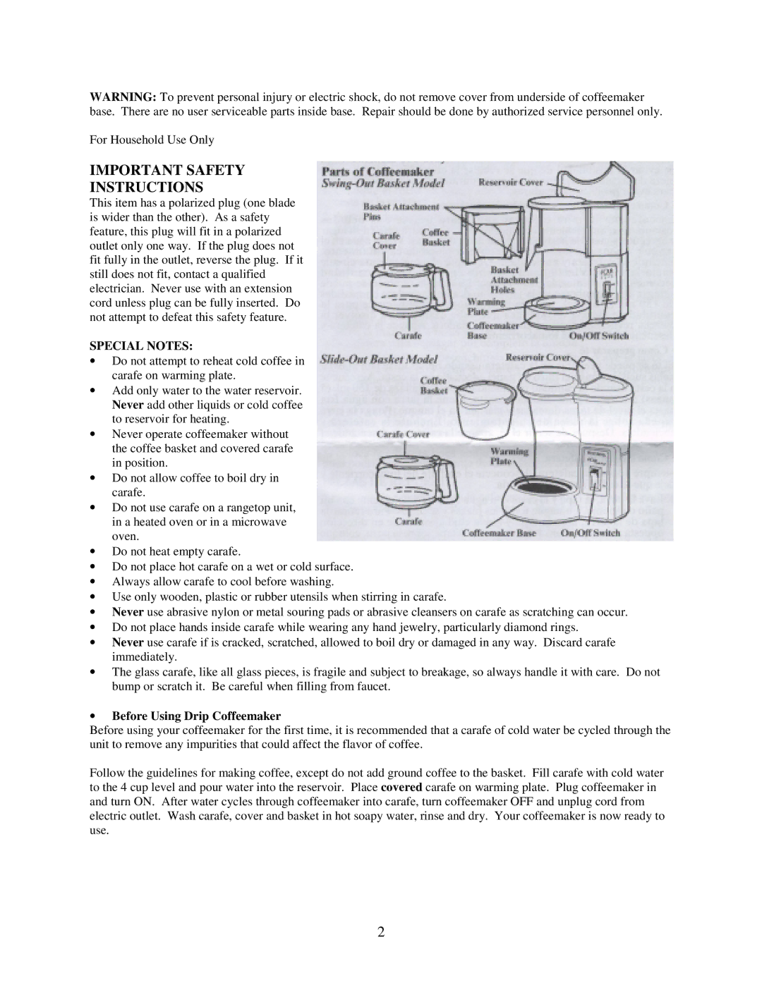 West Bend L-5227 instruction manual Important Safety Instructions, Special Notes, Before Using Drip Coffeemaker 