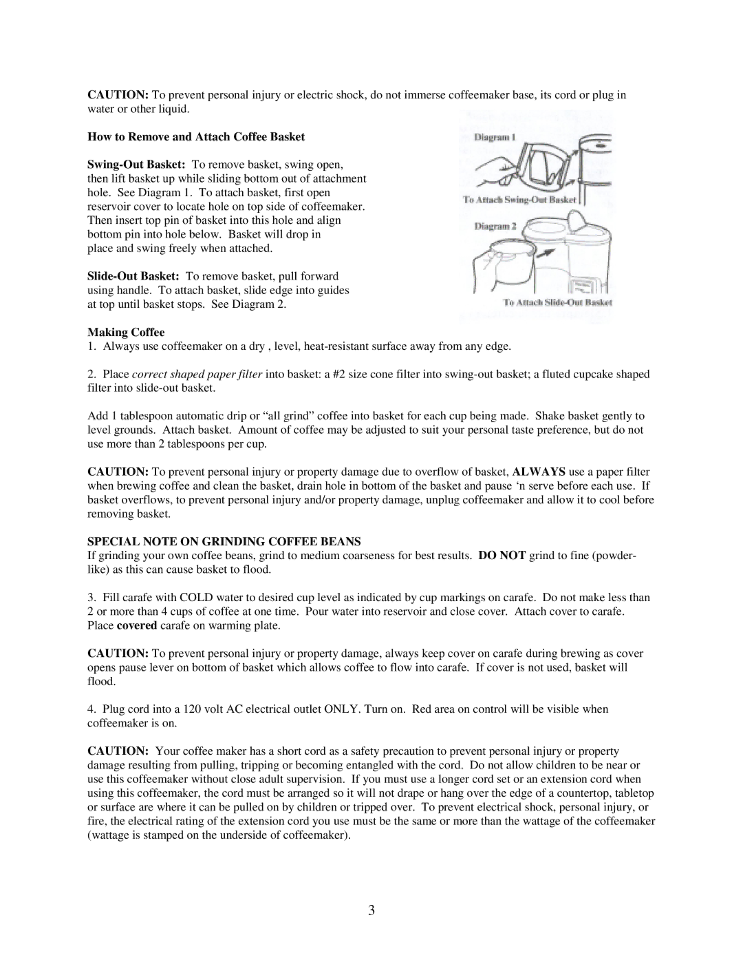 West Bend L-5227 How to Remove and Attach Coffee Basket, Making Coffee, Special Note on Grinding Coffee Beans 