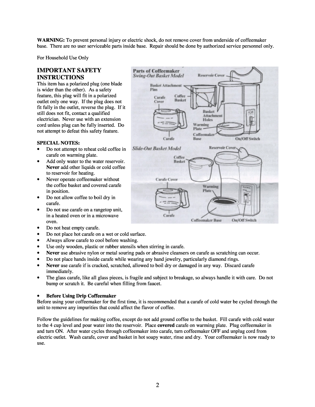 West Bend L-5227 instruction manual Important Safety Instructions, Special Notes, •Before Using Drip Coffeemaker 
