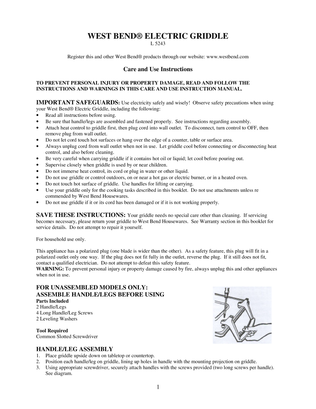 West Bend L 5243 instruction manual West Bend Electric Griddle, HANDLE/LEG Assembly 