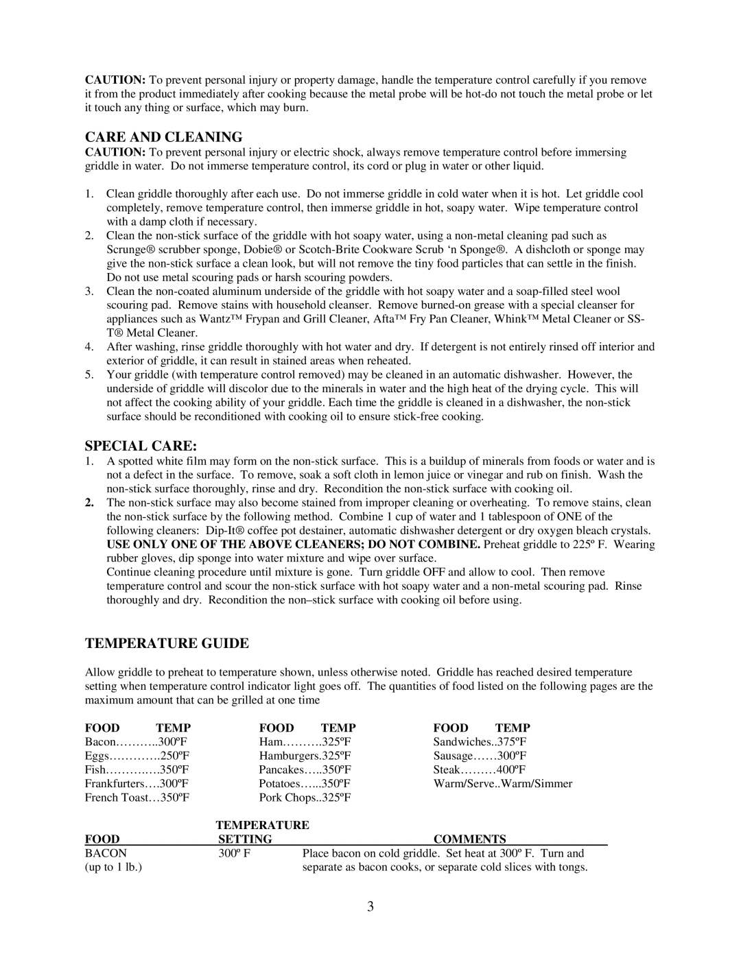 West Bend L 5243 instruction manual Care and Cleaning, Special Care, Temperature Guide 