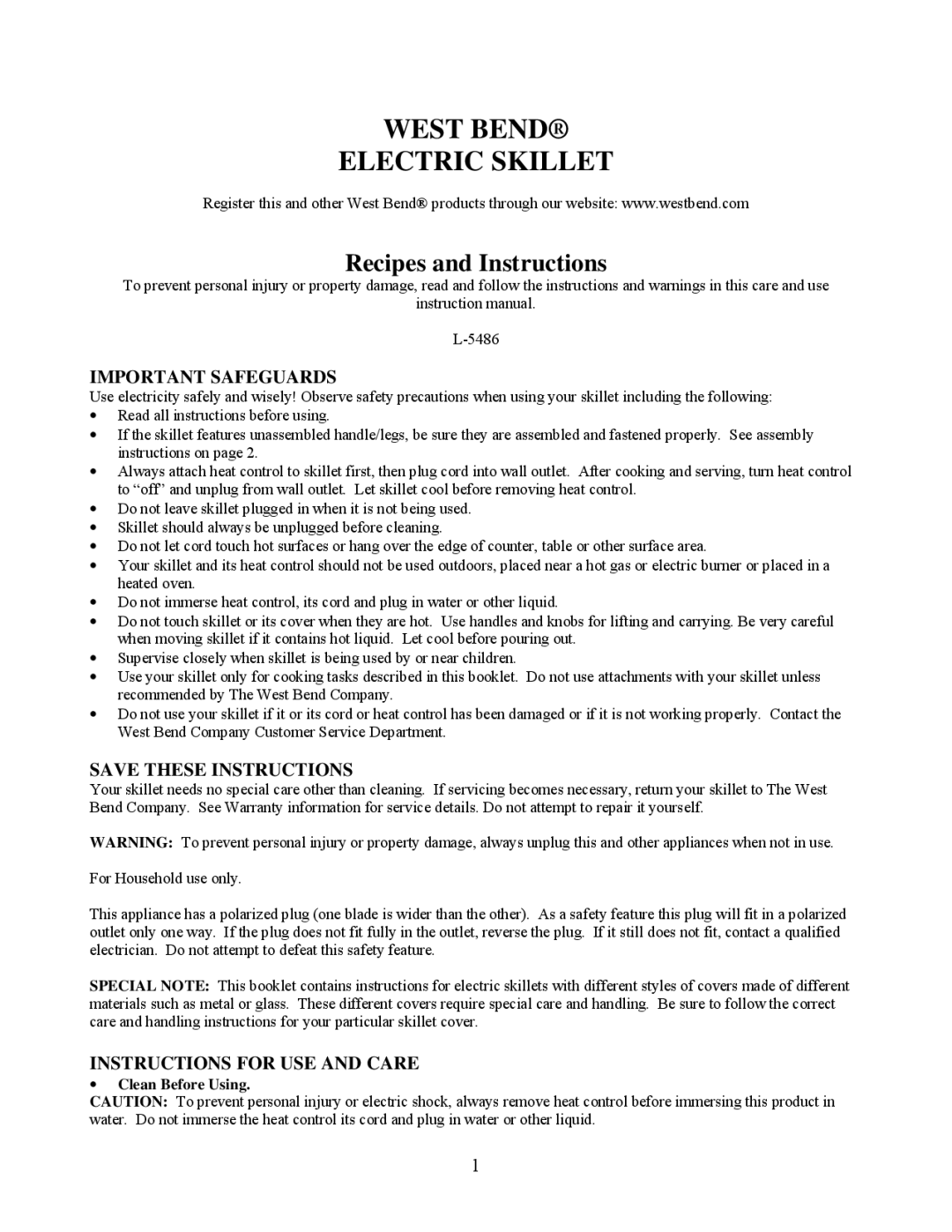 West Bend L-5486 instruction manual Important Safeguards, Instructions for USE and Care, Clean Before Using 