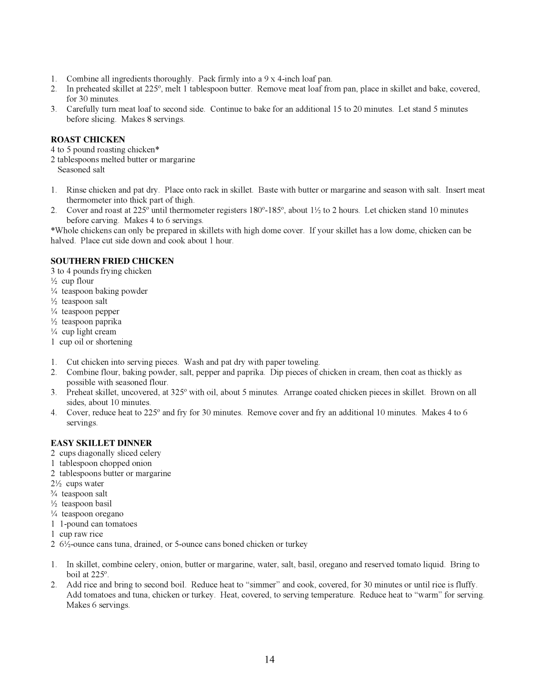 West Bend L-5486 instruction manual Roast Chicken, Southern Fried Chicken 3 to 4 pounds frying chicken, Easy Skillet Dinner 