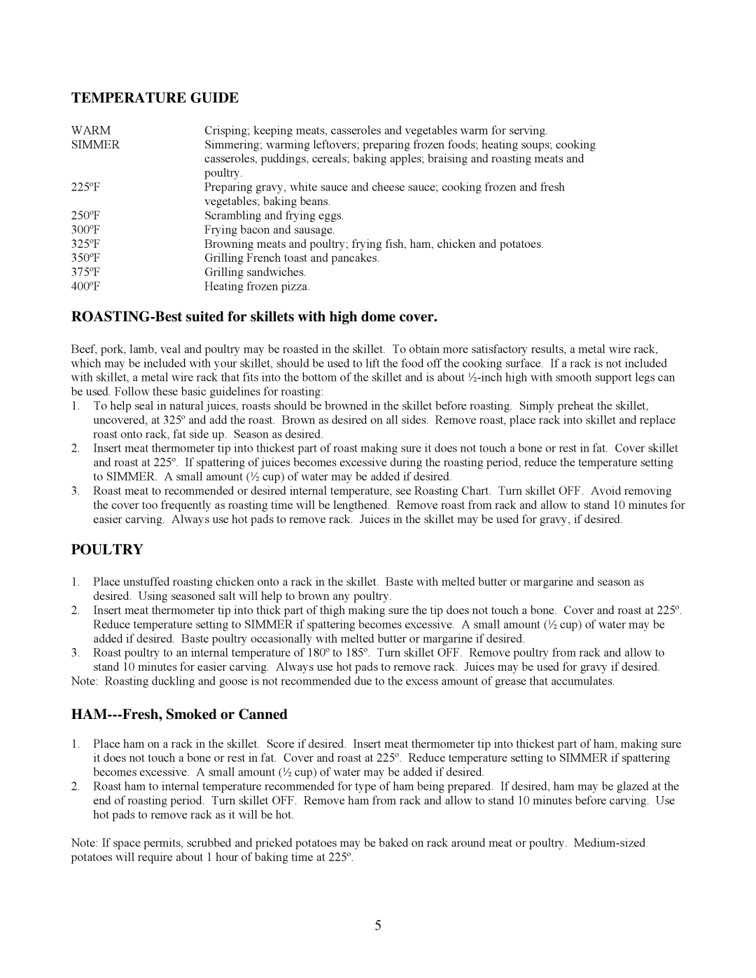 West Bend L-5486 instruction manual Temperature Guide, ROASTING-Best suited for skillets with high dome cover, Poultry 