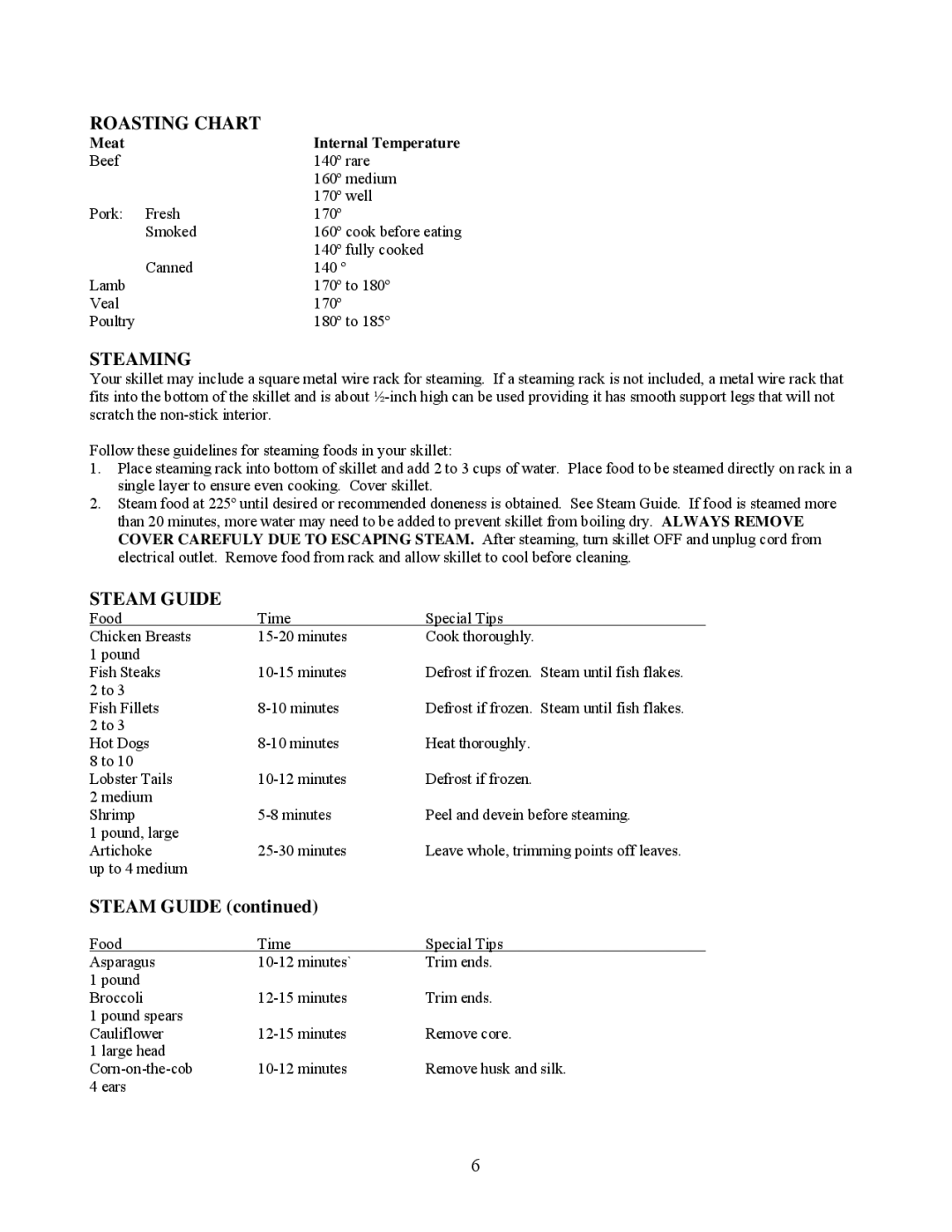 West Bend L-5486 instruction manual Roasting Chart, Steaming, Steam Guide, Meat Internal Temperature 