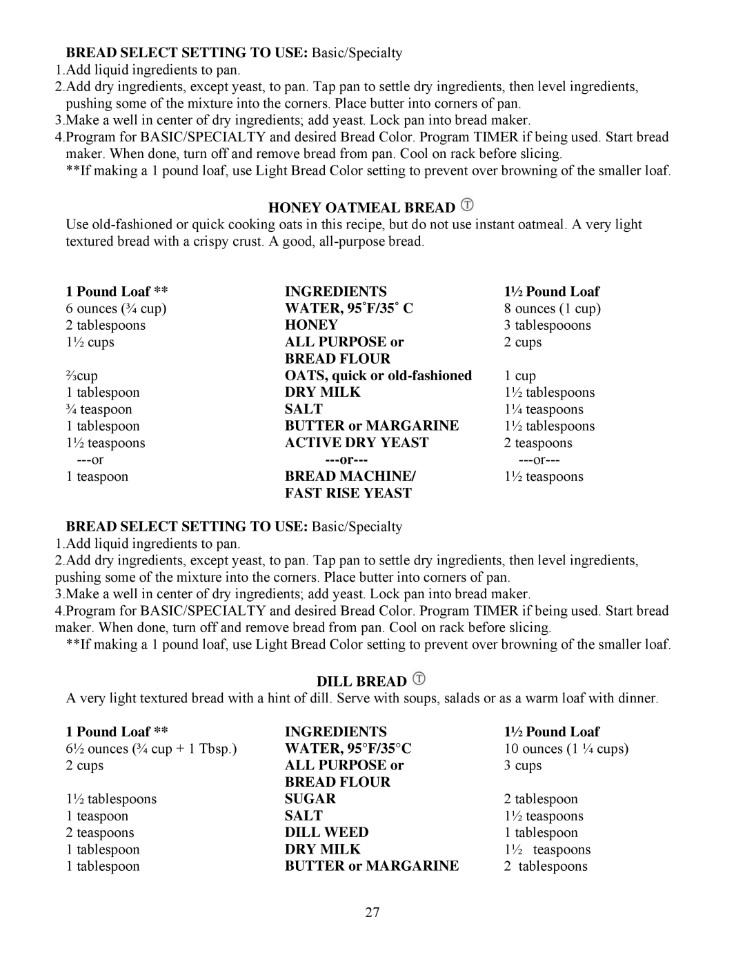 West Bend L4805 manual Honey Oatmeal Bread, Dill Bread, Dill Weed 