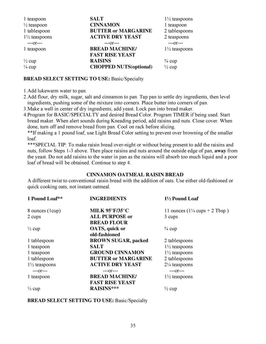 West Bend L4805 manual Raisins, Cinnamon Oatmeal Raisin Bread, Ground Cinnamon 
