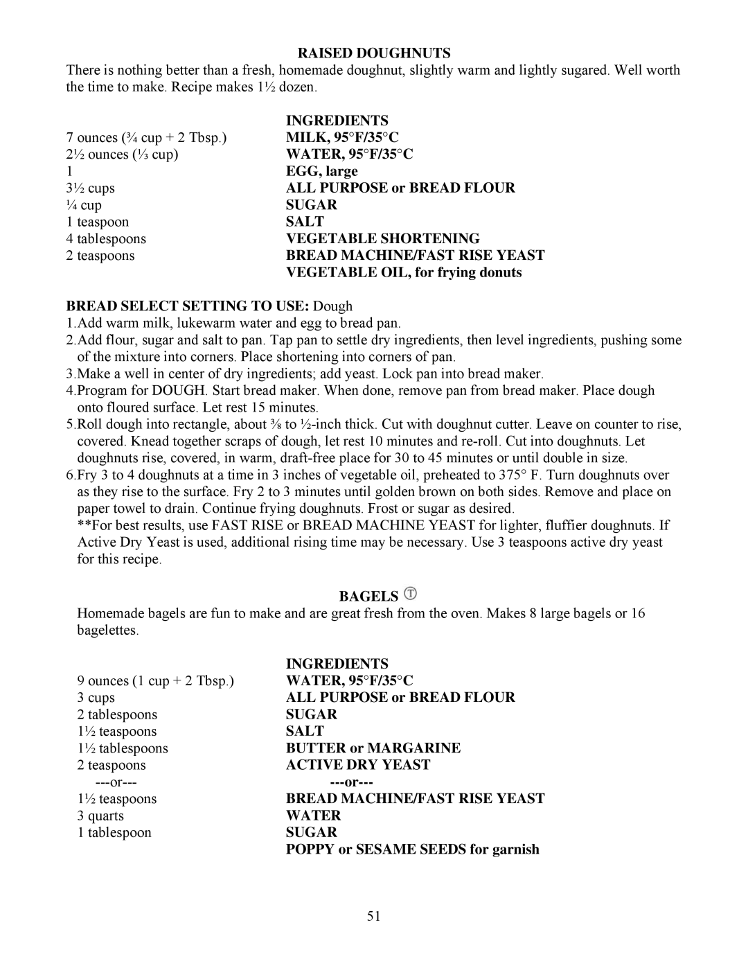 West Bend L4805 manual Raised Doughnuts, Vegetable Shortening, Bagels 