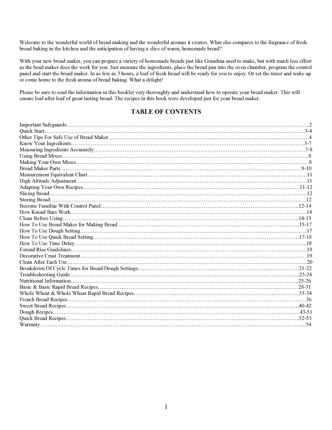 West Bend L4854 manual Table of Contents 