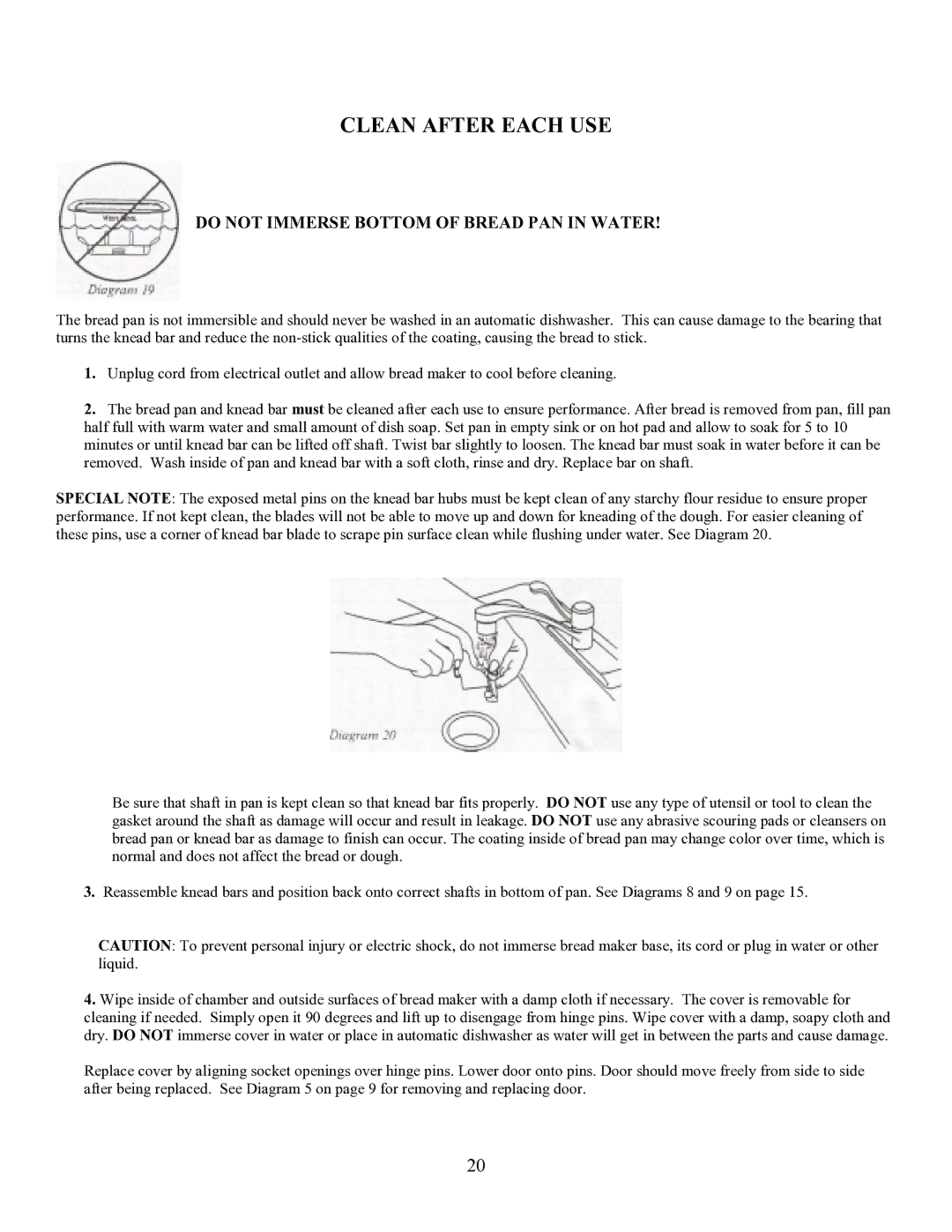 West Bend L4854 manual Clean After Each USE, Do not Immerse Bottom of Bread PAN in Water 