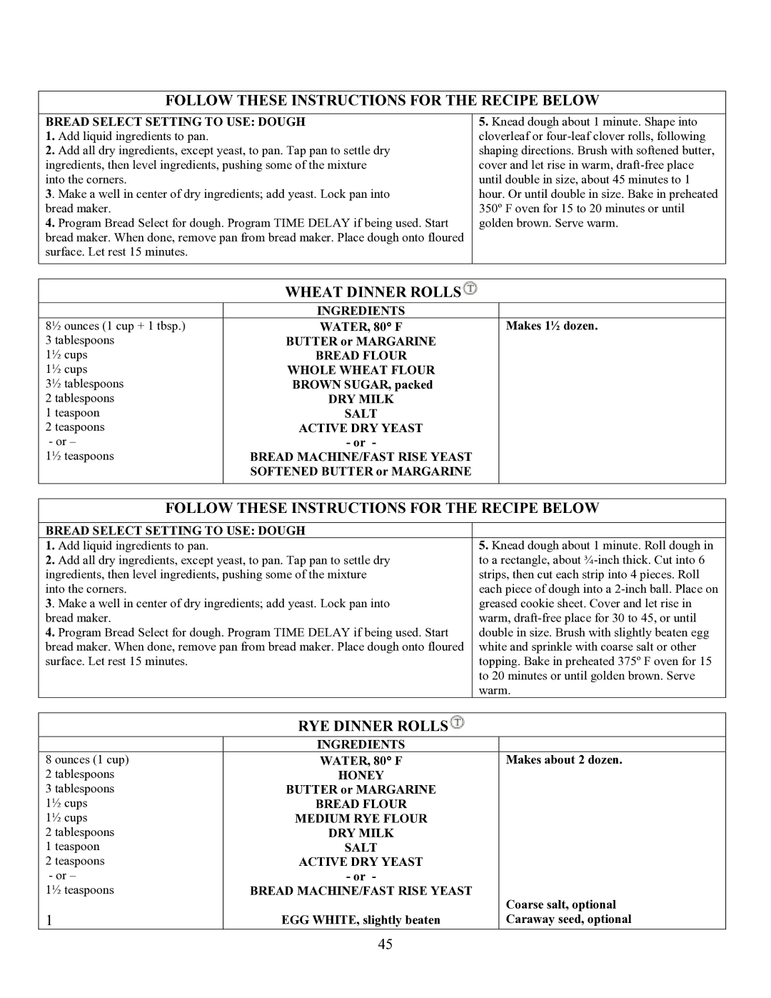 West Bend L4854 manual Wheat Dinner Rolls, RYE Dinner Rolls, Bread Select Setting to USE Dough 