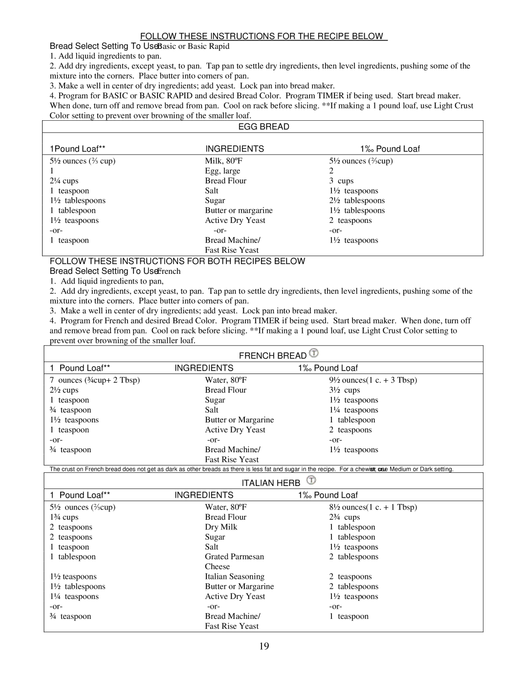 West Bend L4978 EGG Bread, Follow These Instructions for Both Recipes below, French Bread, Italian Herb 