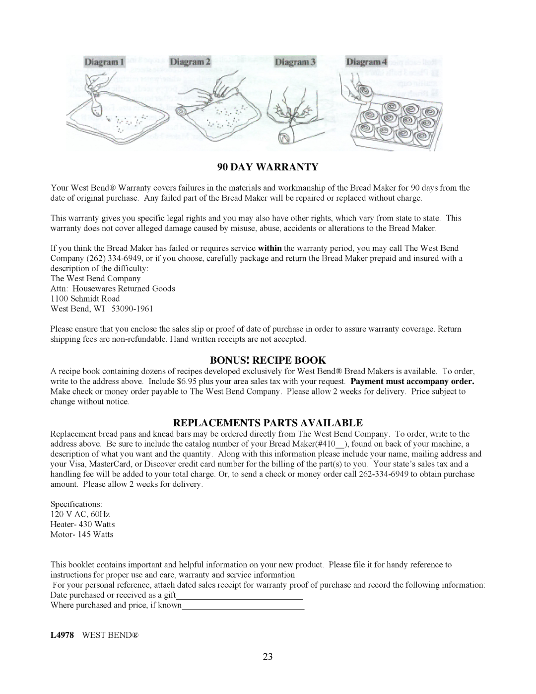 West Bend L4978 important safety instructions DAY Warranty, BONUS! Recipe Book, Replacements Parts Available 