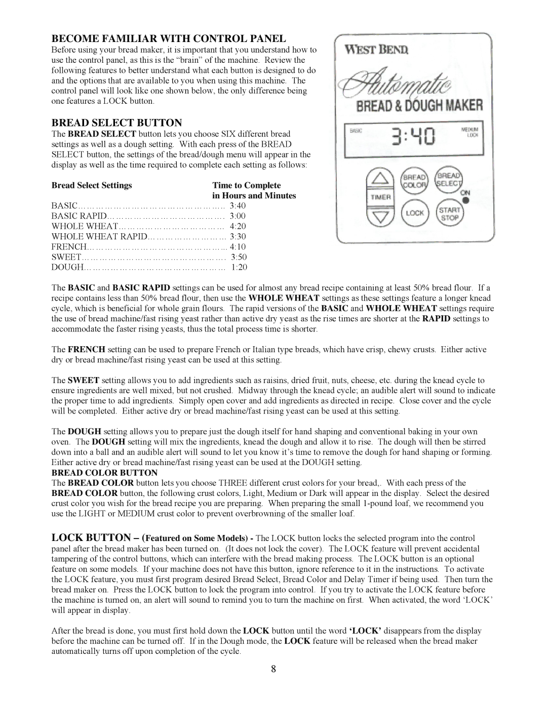 West Bend L4978 important safety instructions Become Familiar with Control Panel, Bread Select Button, Bread Color Button 