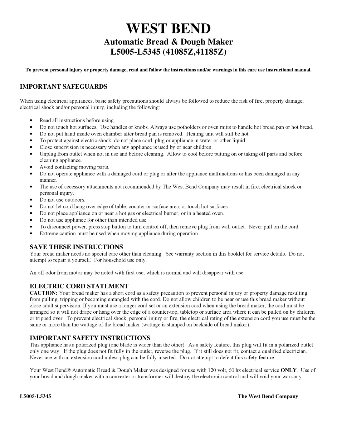 West Bend L5005 important safety instructions Important Safeguards, Electric Cord Statement Important Safety Instructions 