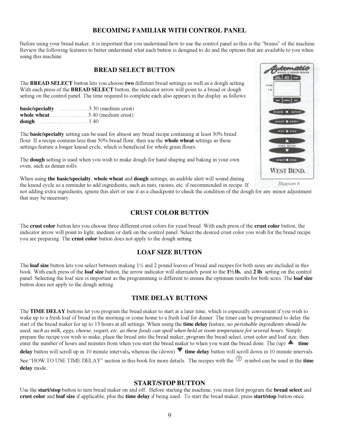 West Bend L5005 Becoming Familiar with Control Panel, Bread Select Button, Crust Color Button, Loaf Size Button 