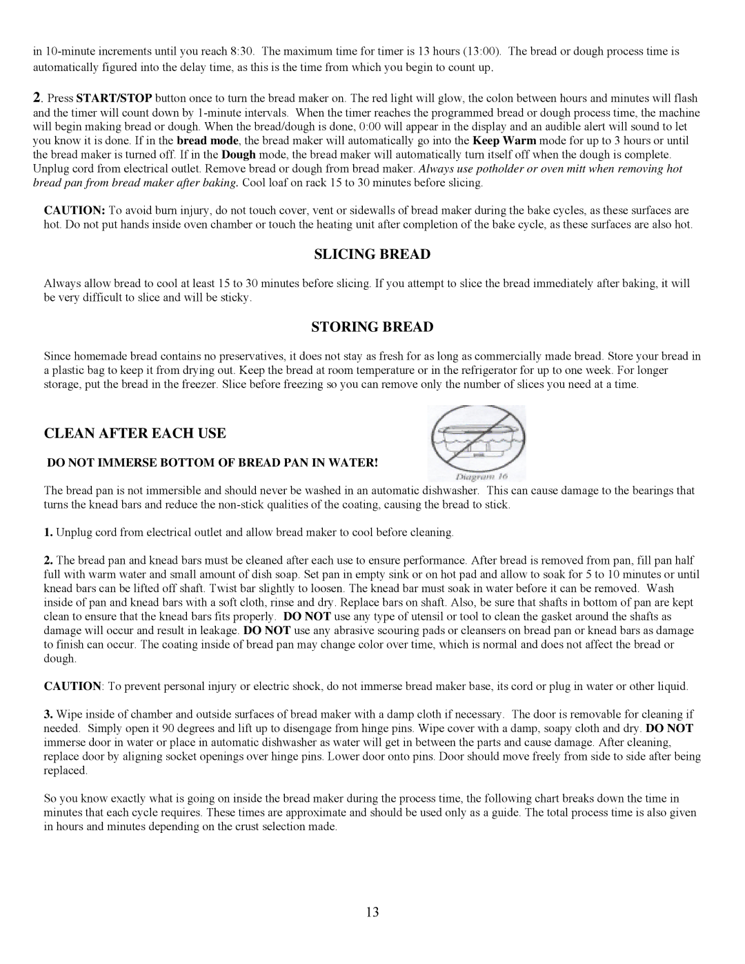 West Bend L5005 Slicing Bread, Storing Bread, Clean After Each USE, Do not Immerse Bottom of Bread PAN in Water 