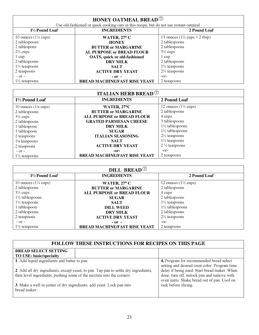 West Bend L5005 important safety instructions Honey Oatmeal Bread, Italian Herb Bread, Dill Bread 