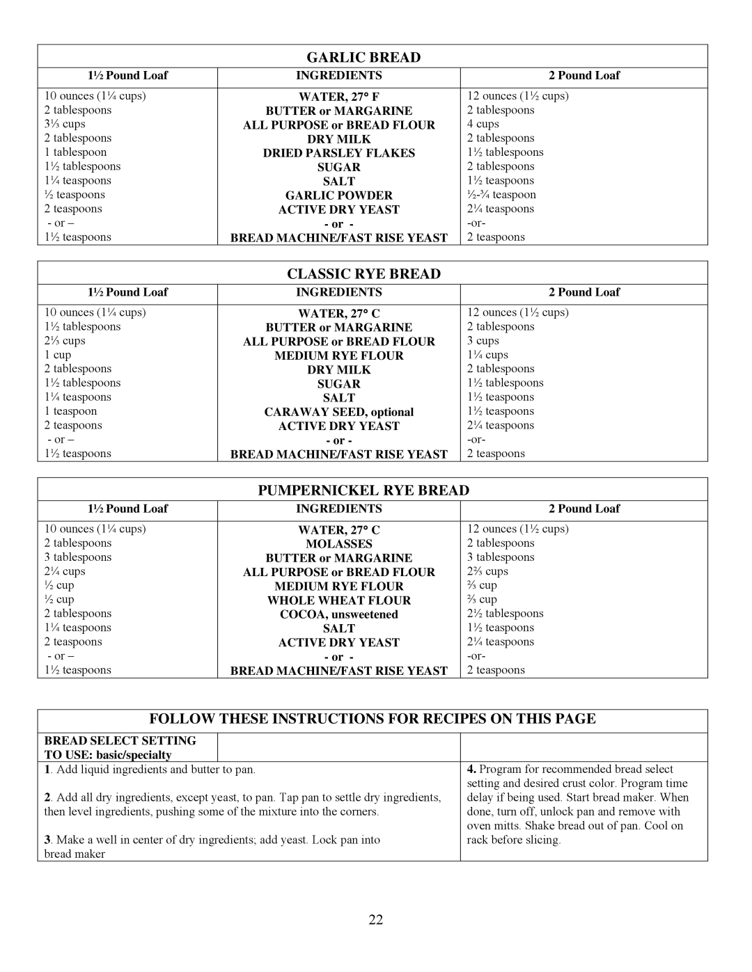 West Bend L5005 important safety instructions Garlic Bread, Classic RYE Bread, Pumpernickel RYE Bread 