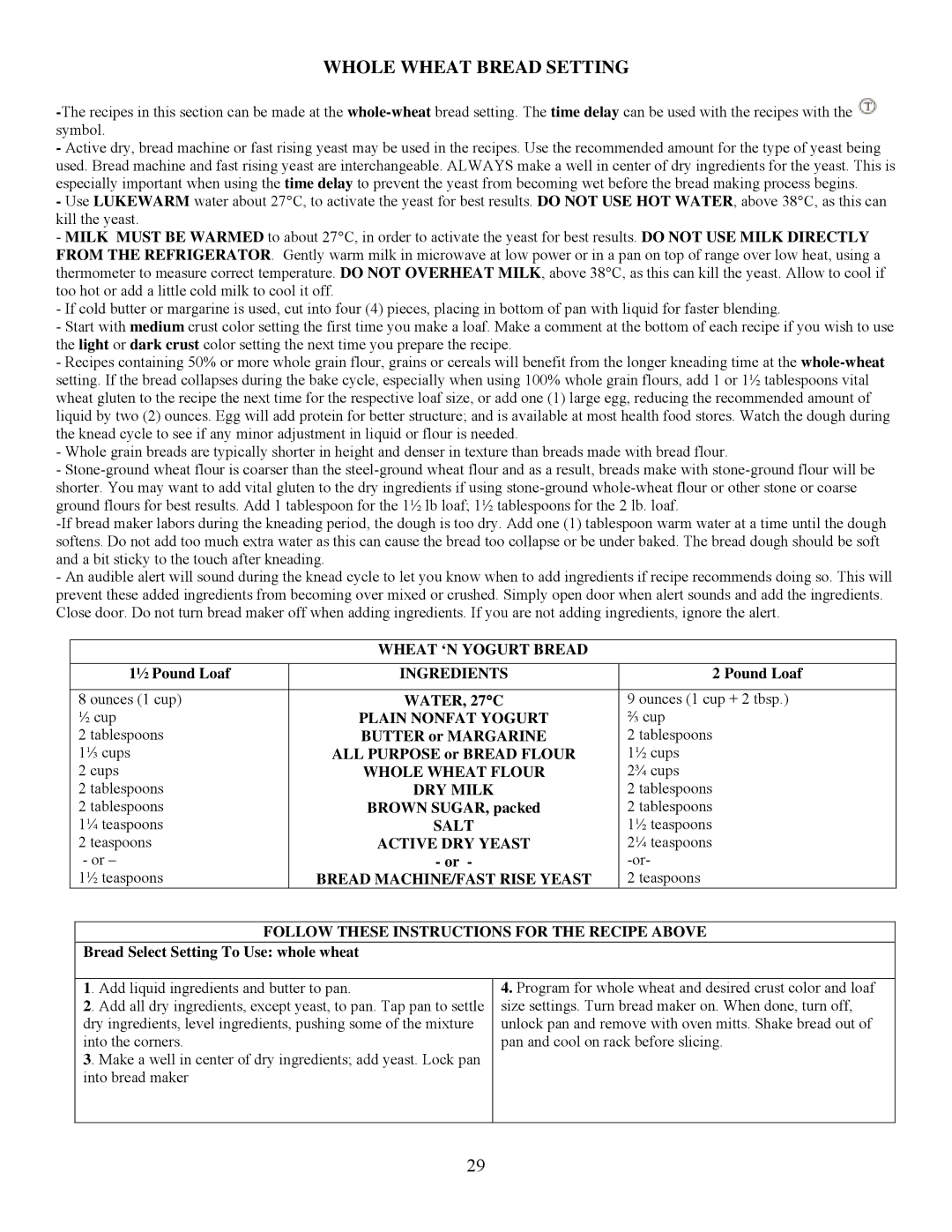 West Bend L5005 important safety instructions Whole Wheat Bread Setting, Wheat ‘N Yogurt Bread, Plain Nonfat Yogurt 