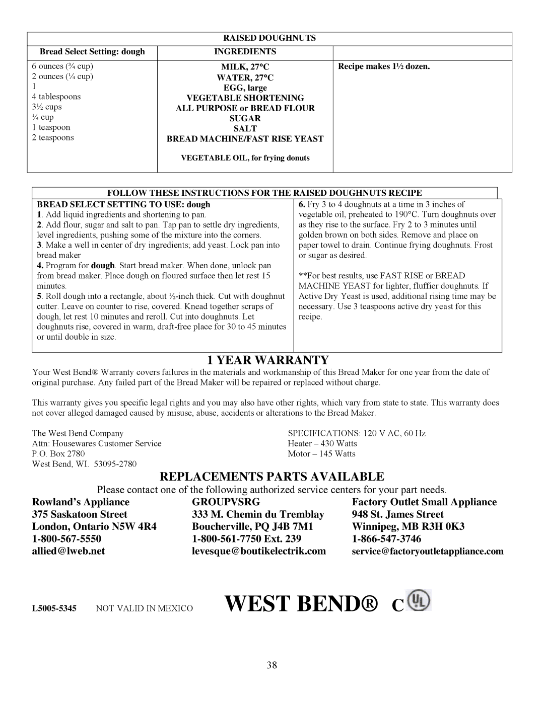 West Bend L5005 important safety instructions Groupvsrg, Raised Doughnuts, Vegetable Shortening, Not Valid in Mexico 