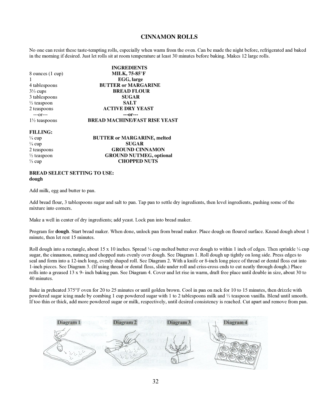 West Bend L5141 manual Cinnamon Rolls, Bread MACHINE/FAST Rise Yeast, Filling, Chopped Nuts 