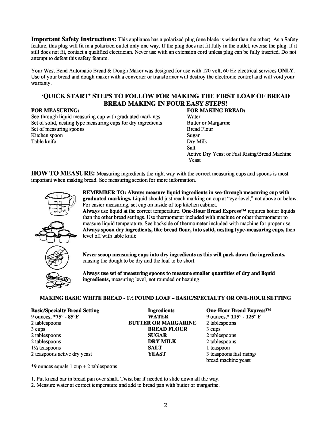 West Bend L5141 manual ‘Quick Start’ Steps To Follow For Making The First Loaf Of Bread, Bread Making In Four Easy Steps 