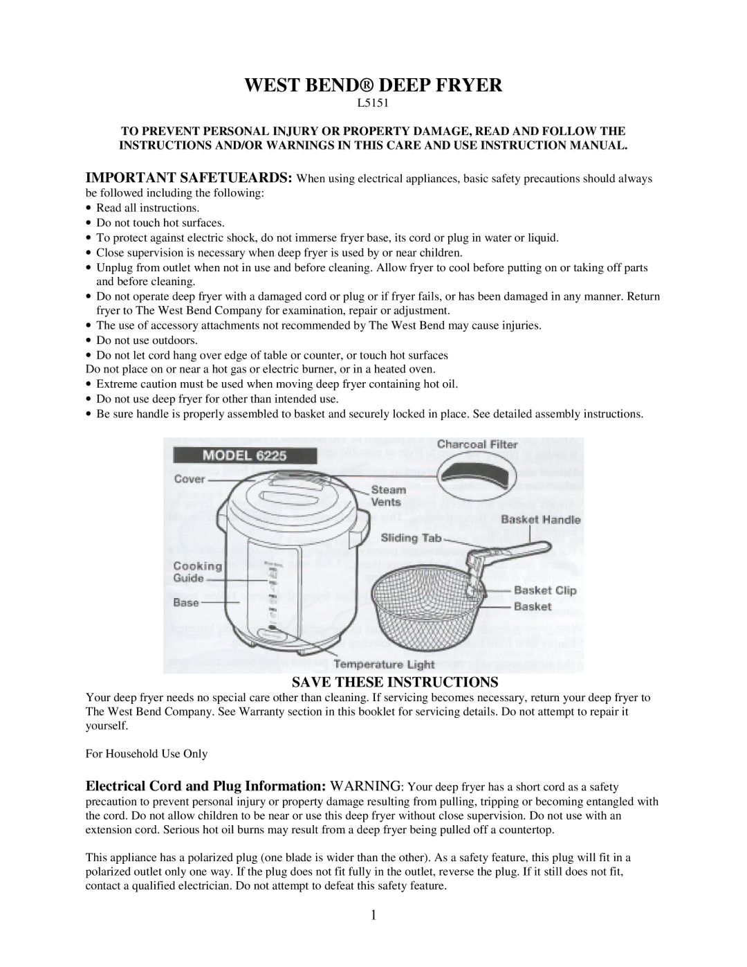 West Bend L5151 instruction manual West Bend Deep Fryer, Important Safetueards 