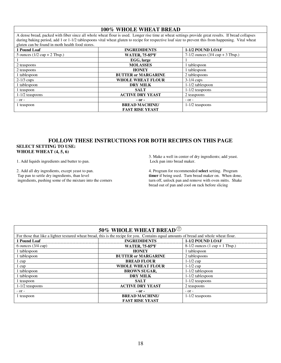 West Bend L5203 100% Whole Wheat Bread, 50% Whole Wheat Bread, Ingredidents 2 Pound Loaf, Whole Wheat Flour, Brown Sugar 