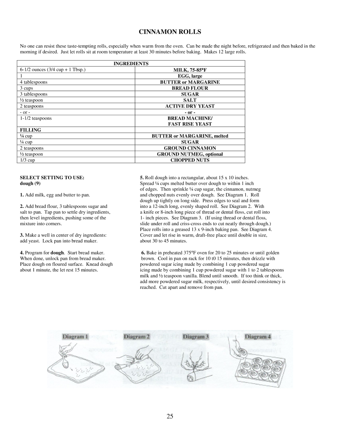 West Bend L5203 quick start Cinnamon Rolls, Filling, Chopped Nuts 