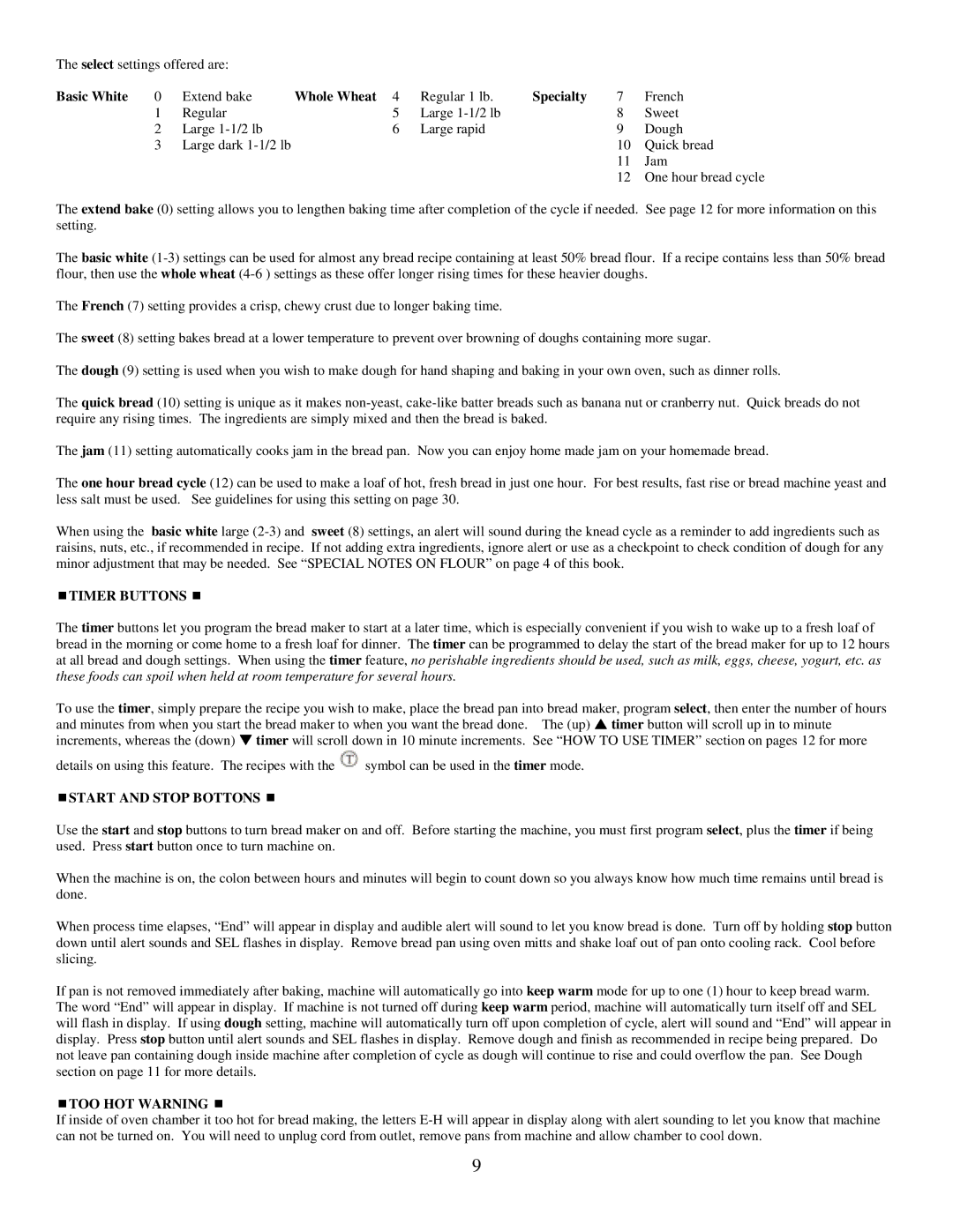West Bend L5203 quick start Timer Buttons, Start and Stop Bottons, TOO HOT Warning 