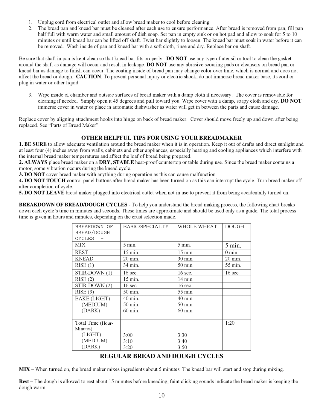 West Bend L5231 important safety instructions Regular Bread and Dough Cycles, Other Helpful Tips for Using Your Breadmaker 