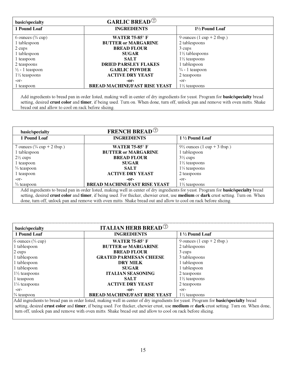 West Bend L5231 important safety instructions Garlic Bread, French Bread, Italian Herb Bread 