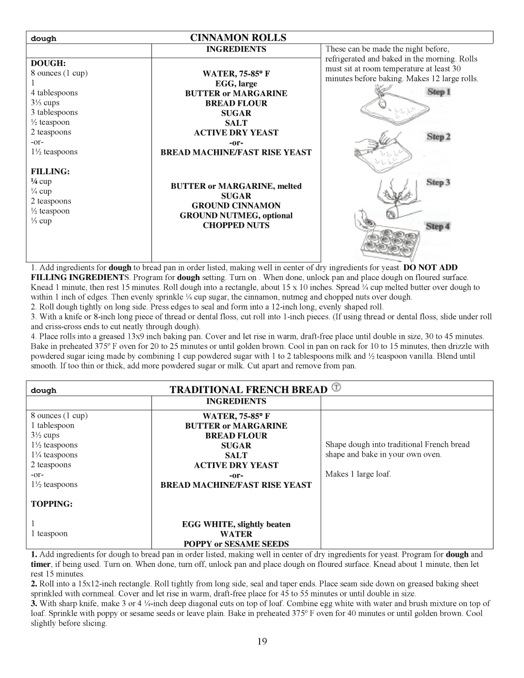 West Bend L5231 important safety instructions Cinnamon Rolls, Traditional French Bread 