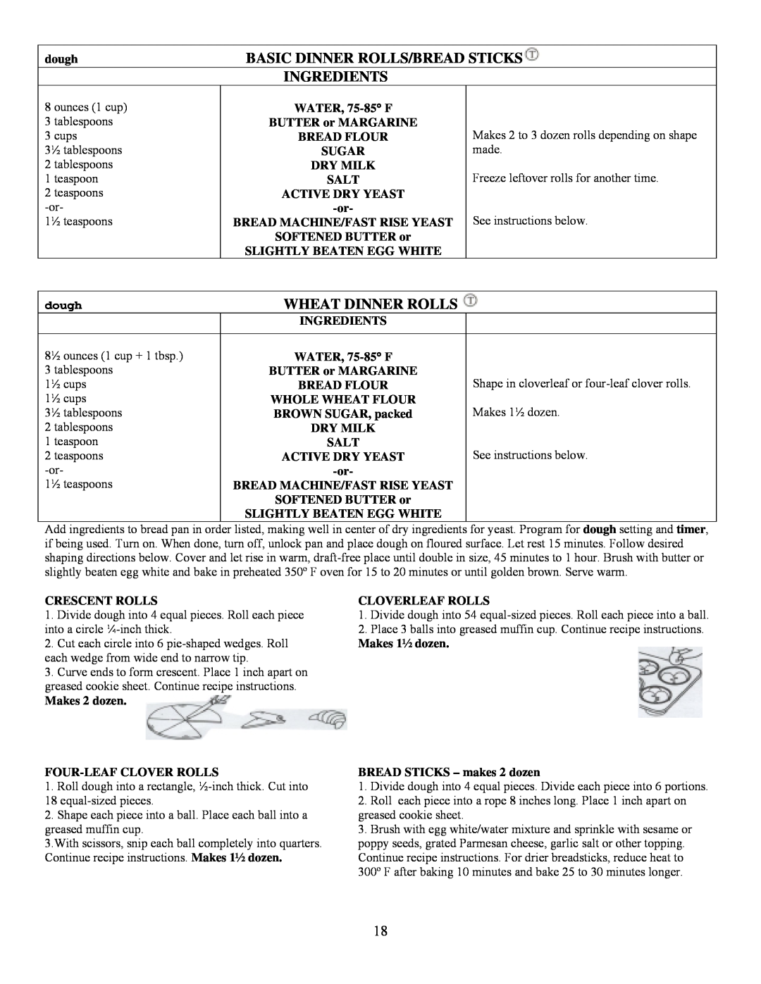 West Bend L5231 important safety instructions Basic Dinner Rolls/Bread Sticks, Ingredients, Wheat Dinner Rolls, dough 