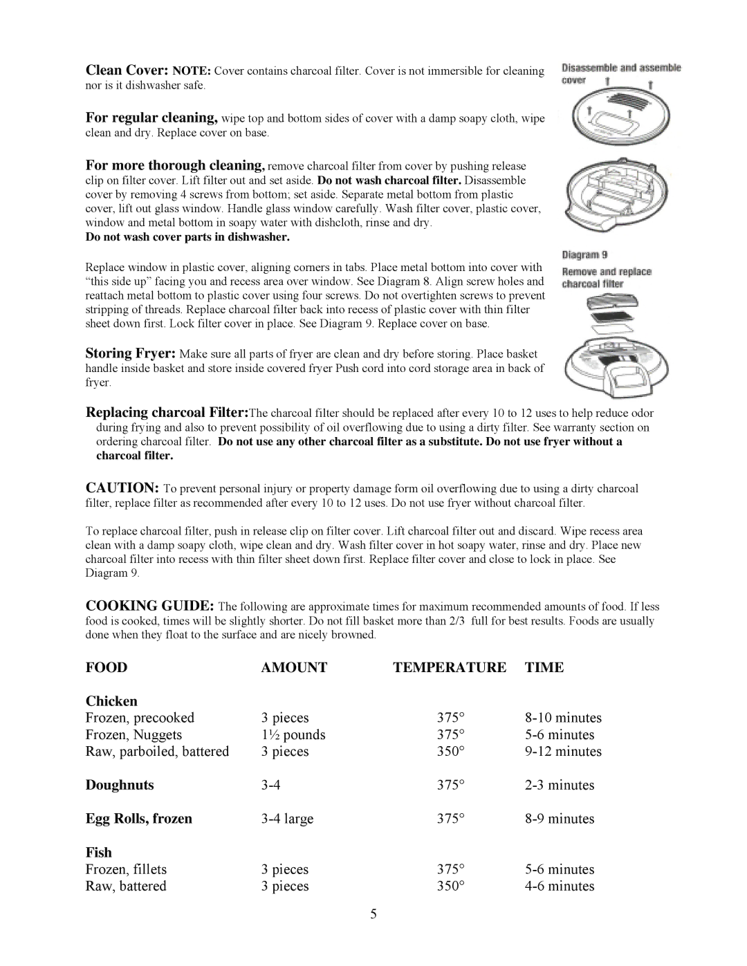 West Bend L5263 instruction manual Food Amount Temperature Time, Chicken, Doughnuts, Egg Rolls, frozen, Fish 