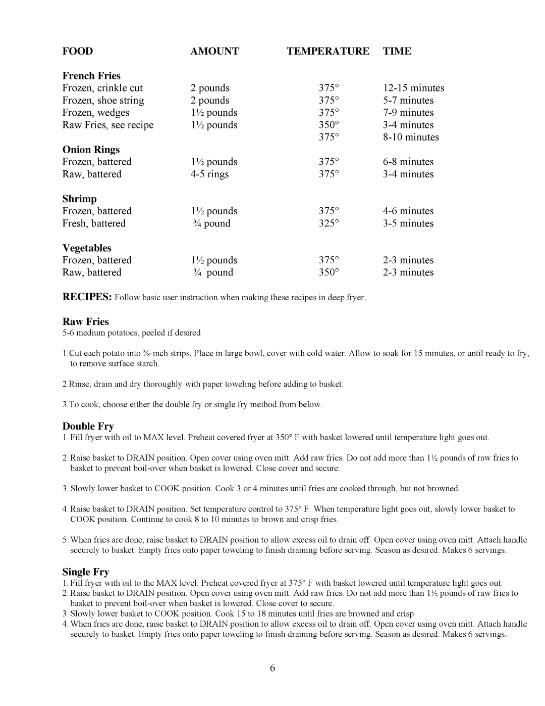 West Bend L5263 instruction manual French Fries, Onion Rings, Shrimp, Vegetables, Raw Fries, Double Fry, Single Fry 