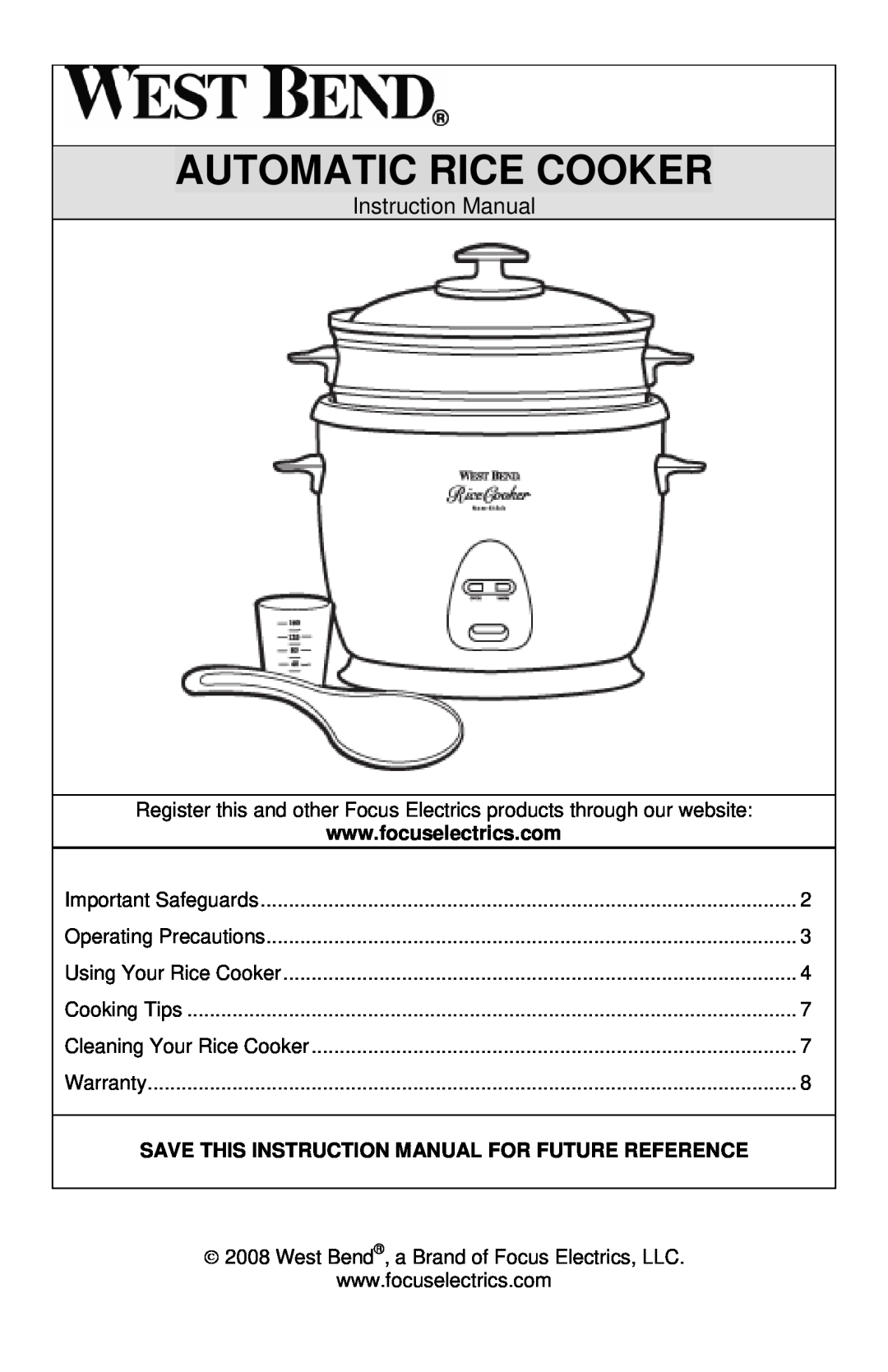West Bend L5551E instruction manual Automatic Rice Cooker, Instruction Manual 
