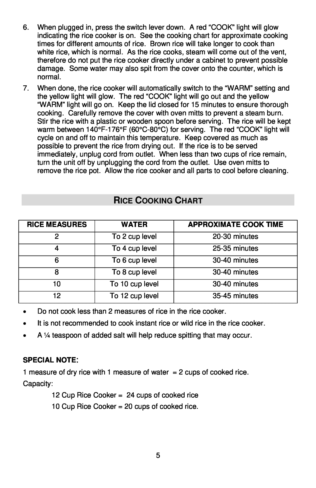 West Bend L5551E instruction manual Rice Cooking Chart, Rice Measures, Water, Approximate Cook Time, Special Note 