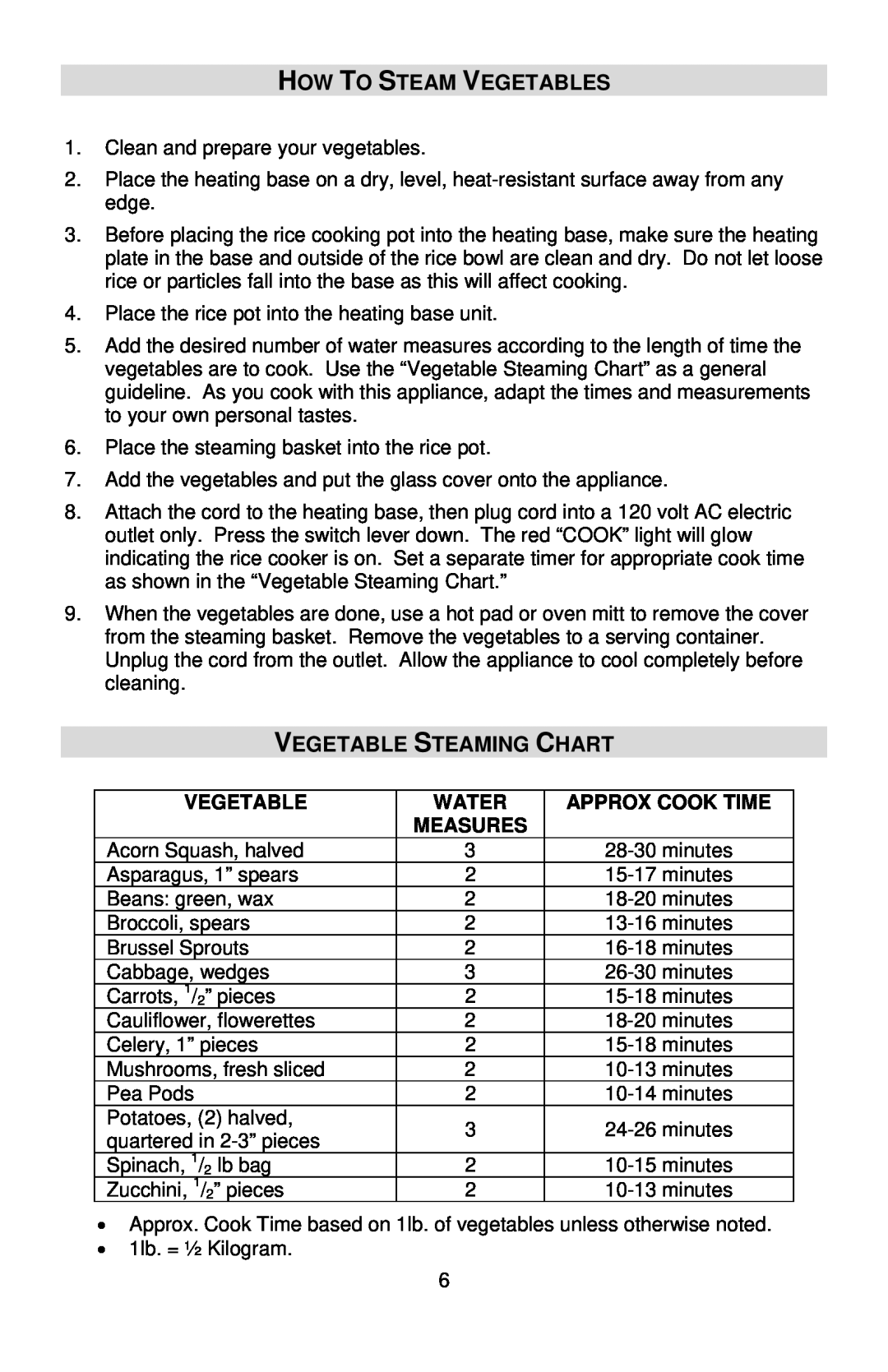 West Bend L5551E instruction manual How To Steam Vegetables, Vegetable Steaming Chart, Approx Cook Time, Measures, Water 