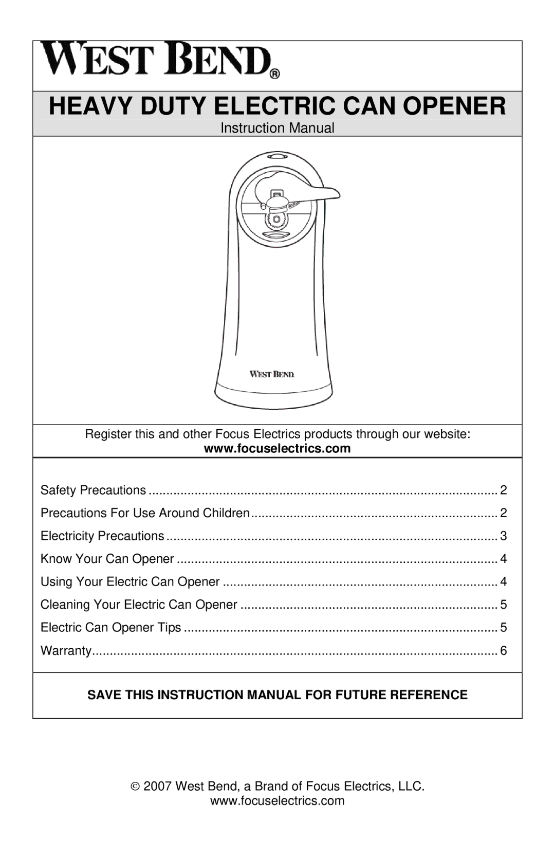 West Bend 77201, L5555B instruction manual Heavy Duty Electric can Opener 