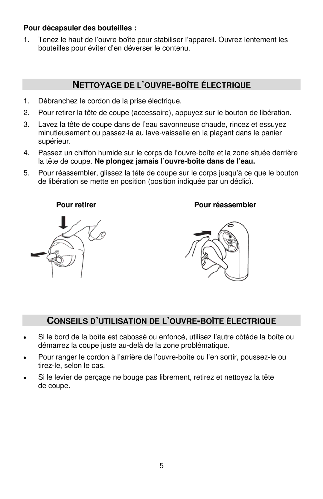 West Bend 77201 Nettoyage DE L’OUVRE-BOÎTE Électrique, Conseils D’UTILISATION DE L’OUVRE-BOÎTE Électrique, Pour retirer 