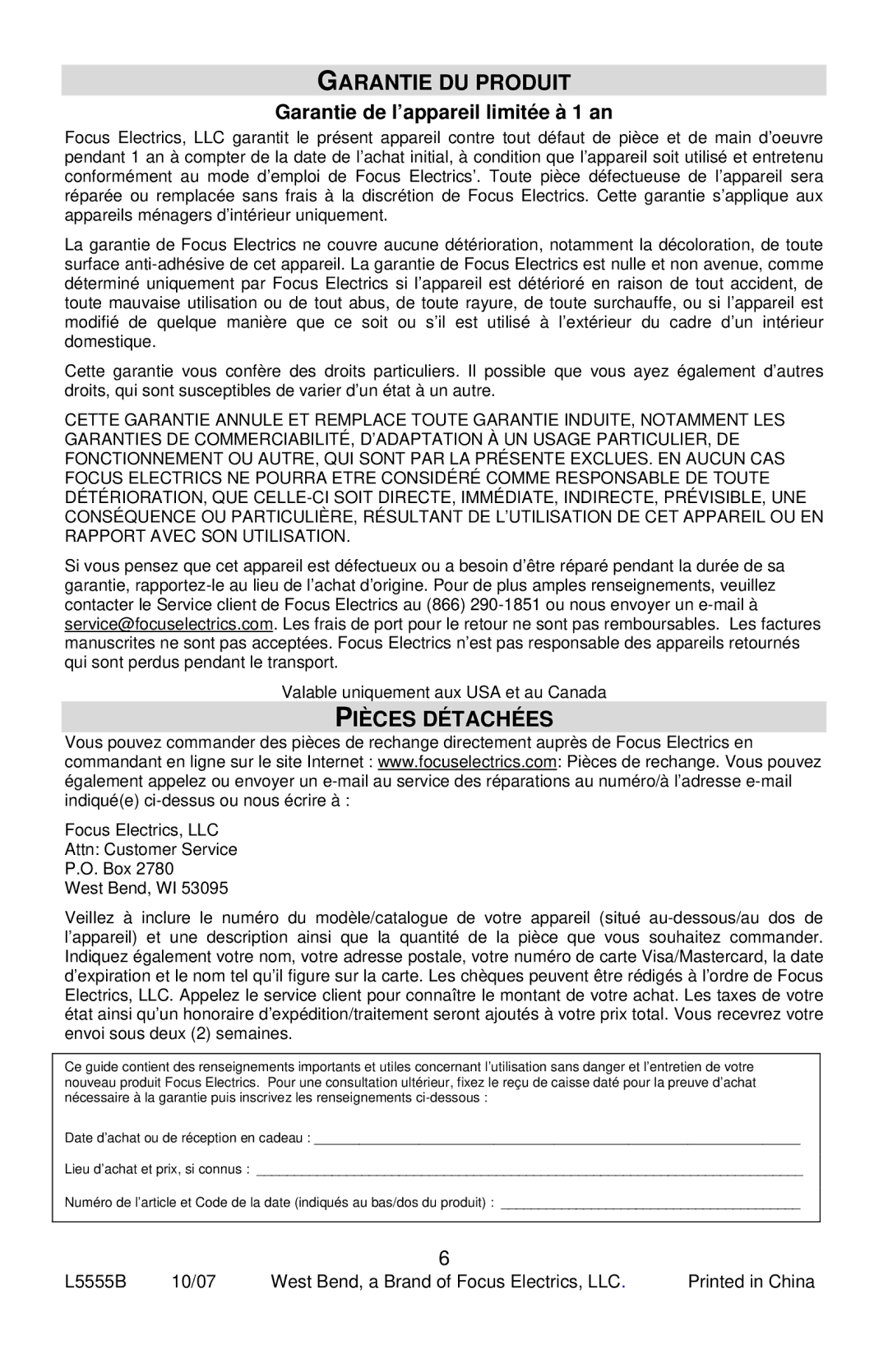 West Bend L5555B, 77201 instruction manual Garantie DU Produit, Pièces Détachées, Garantie de l’appareil limitée à 1 an 