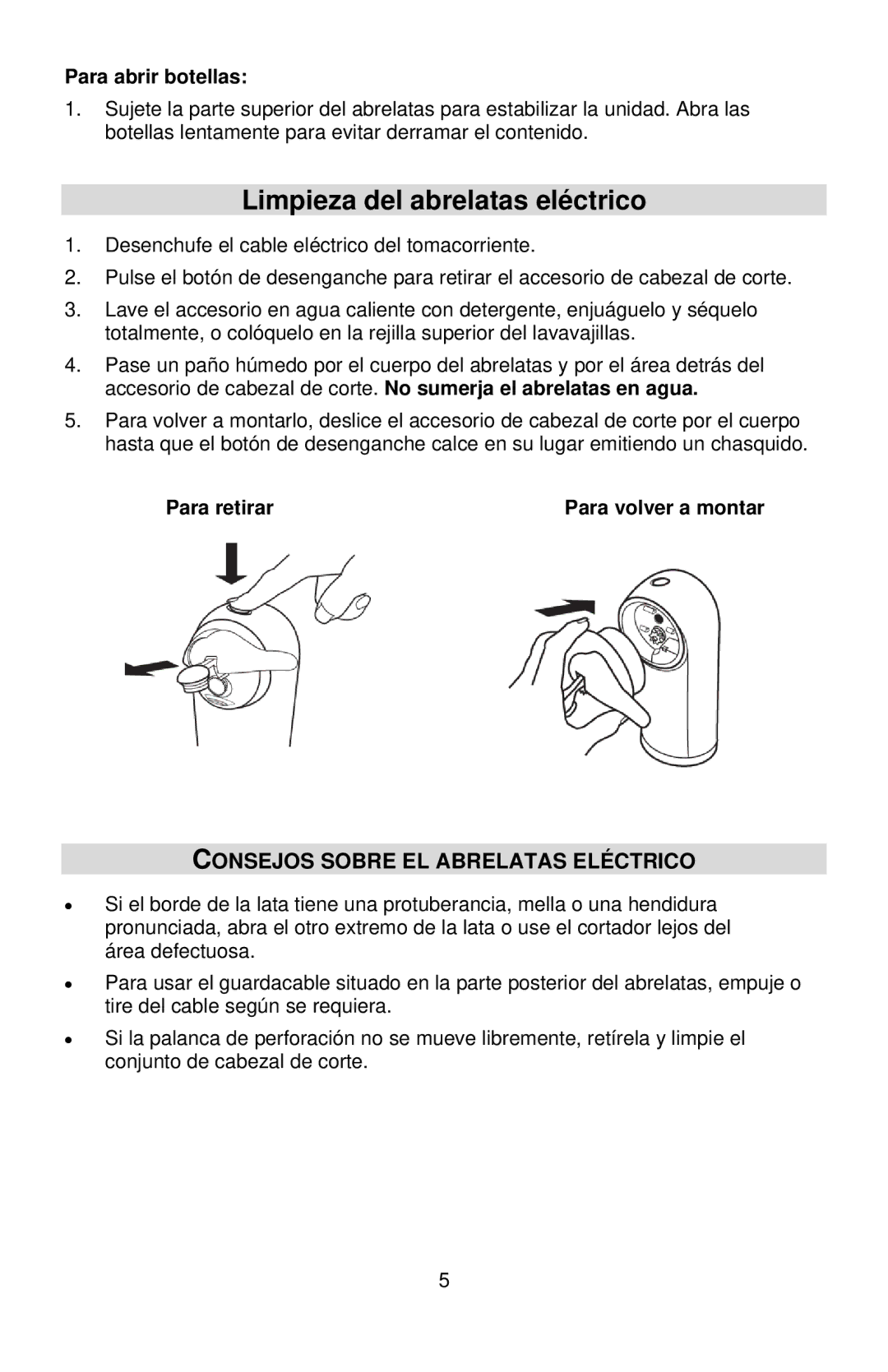 West Bend 77201, L5555B Consejos Sobre EL Abrelatas Eléctrico, Para abrir botellas, Para retirar Para volver a montar 