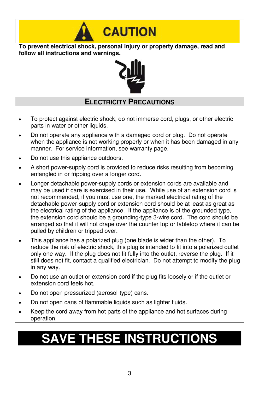 West Bend 77201, L5555B instruction manual Electricity Precautions 