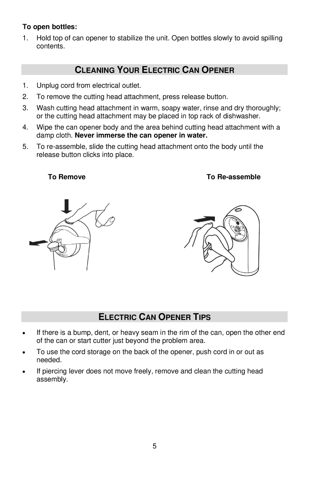 West Bend 77201 Cleaning Your Electric can Opener, Electric can Opener Tips, To open bottles, To Remove To Re-assemble 