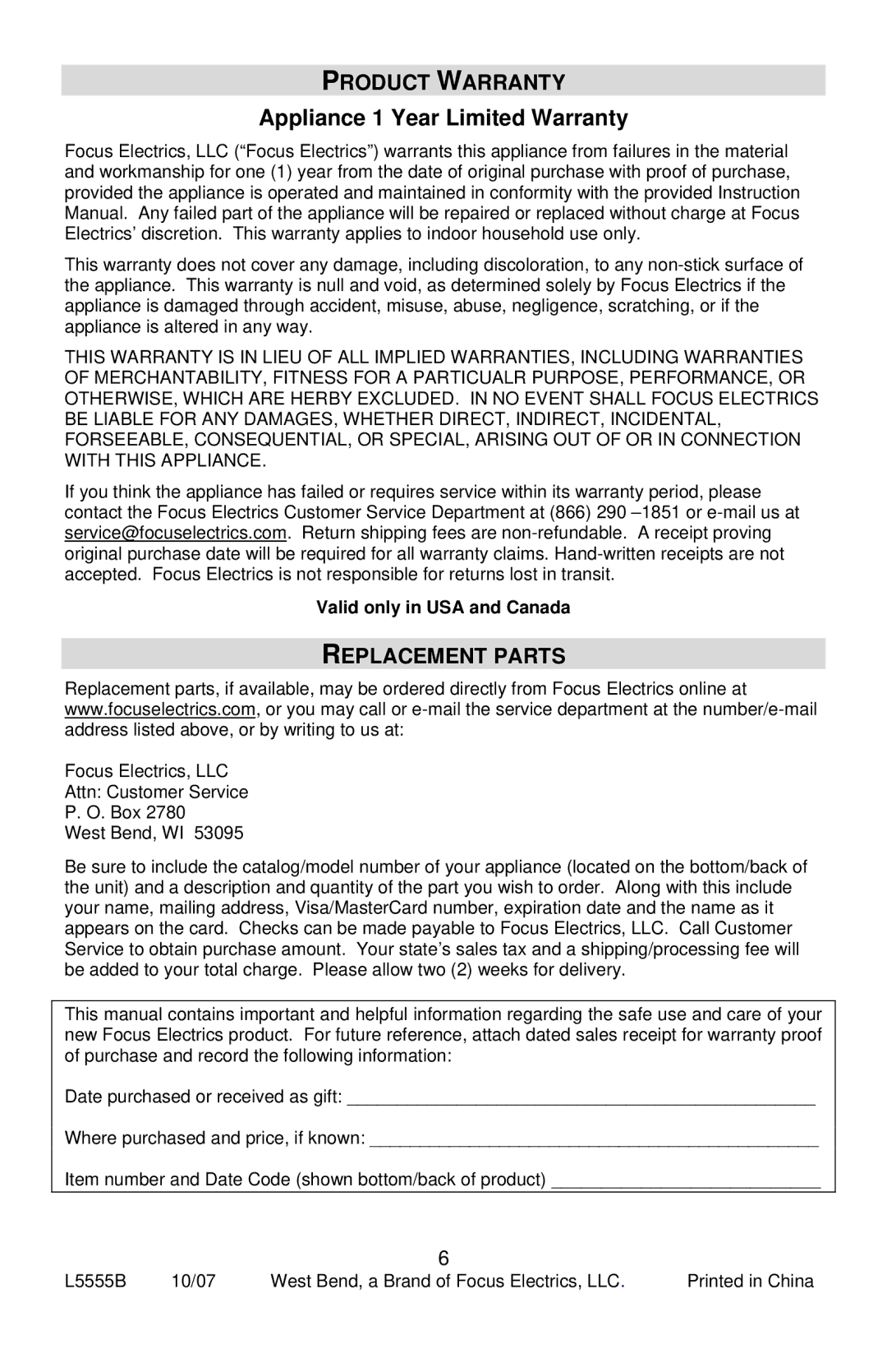 West Bend L5555B, 77201 instruction manual Product Warranty, Replacement Parts 